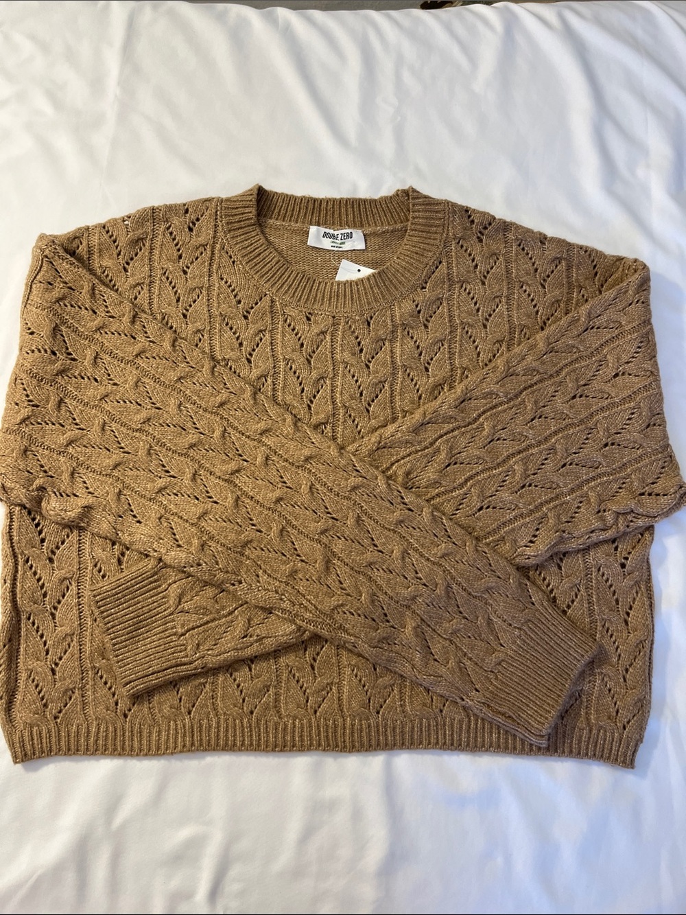 Double Zero Tan Cable Openwork Crewneck Sweater